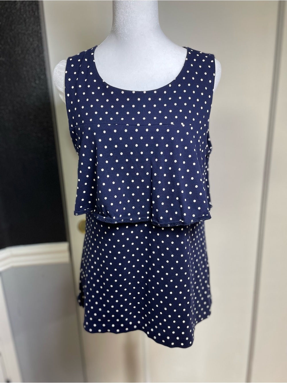 J. Crew Navy and White Polka Dot Ruffle Camisole